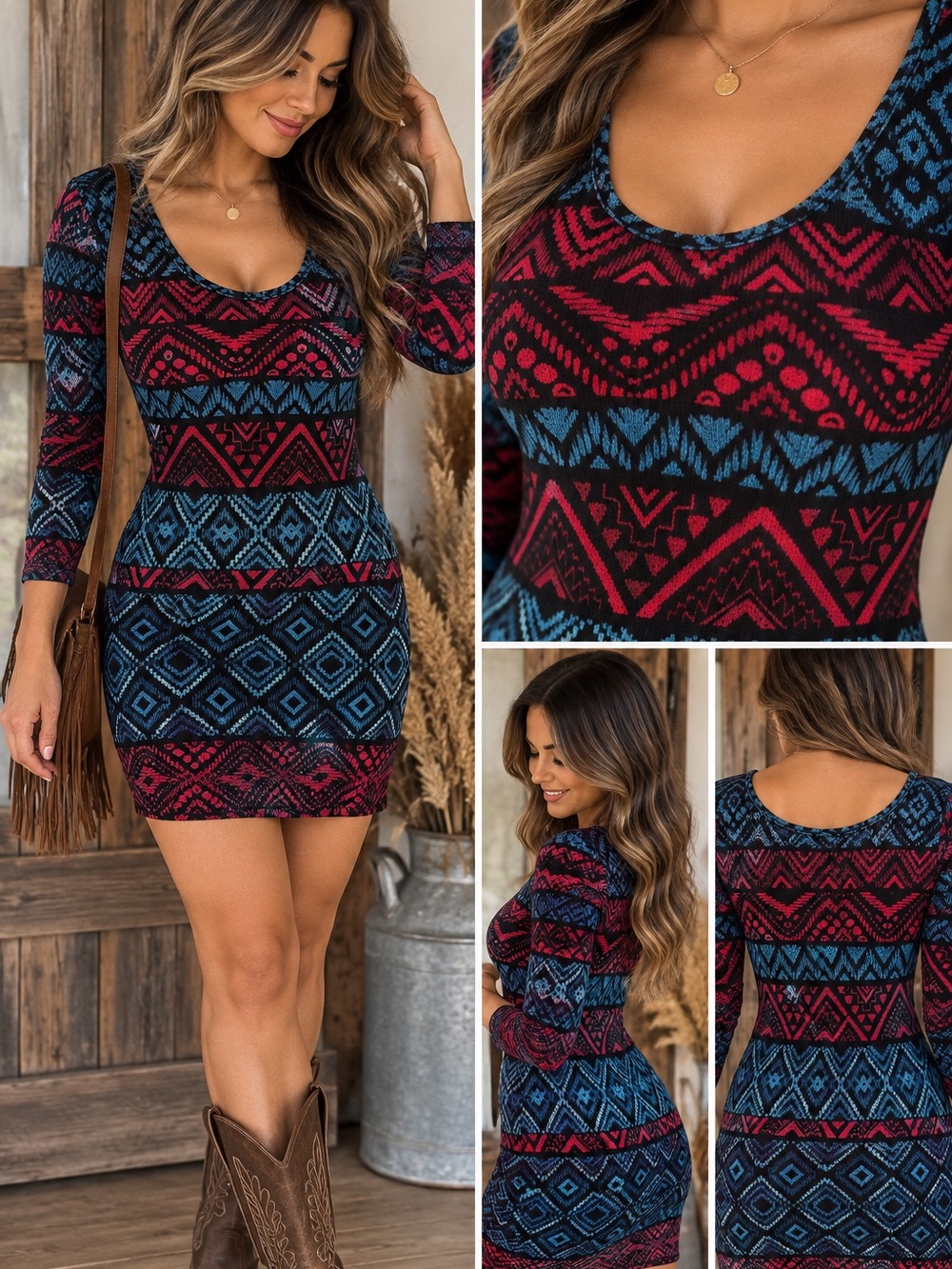 Ambiance Red & Blue Aztec Scoop-Neck Bodycon Mini Dress - Picture 2 of 3